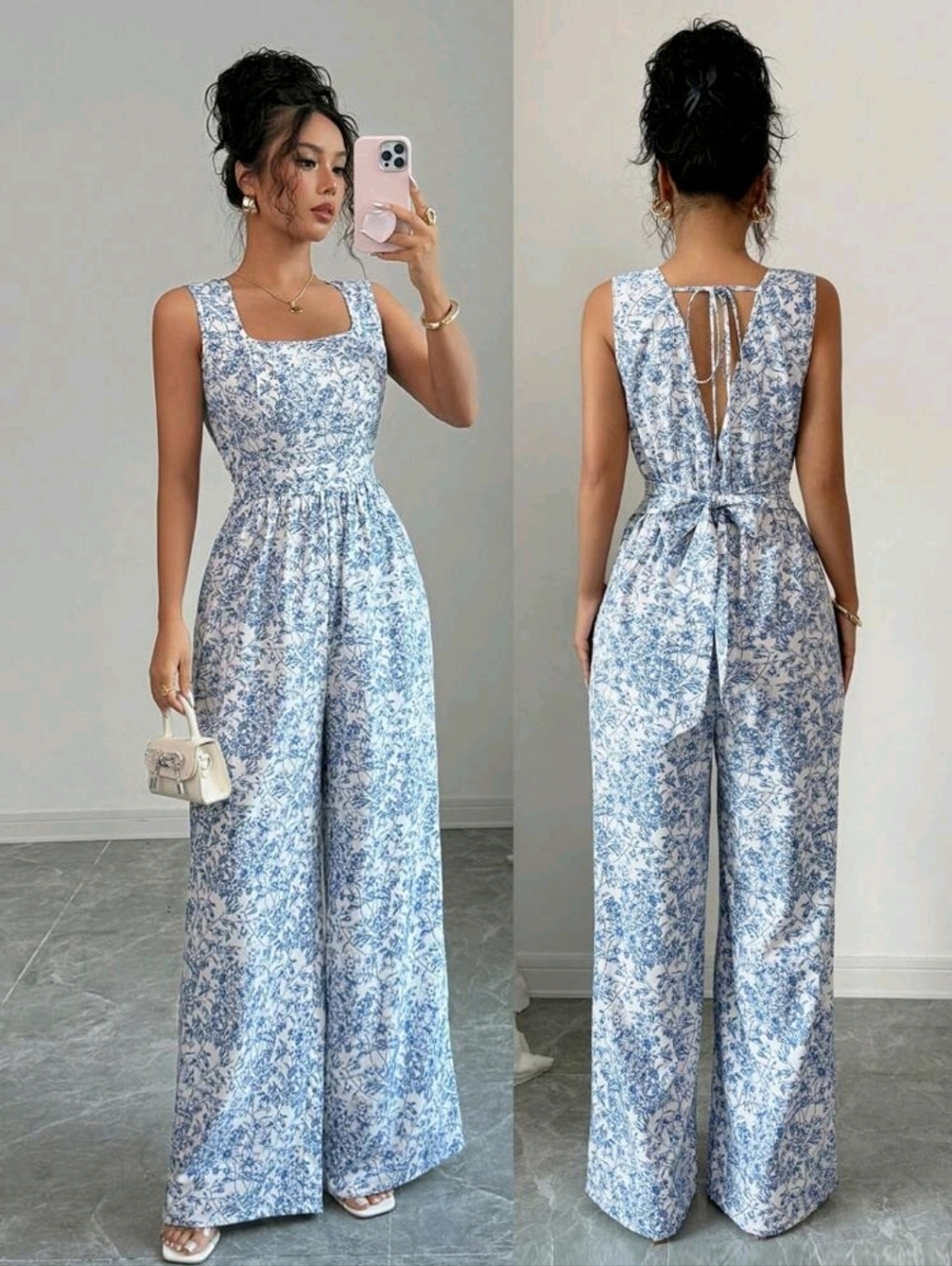 Breezaya 1pc Women's Floral Print Backless Jumpsuit With Thick Straps